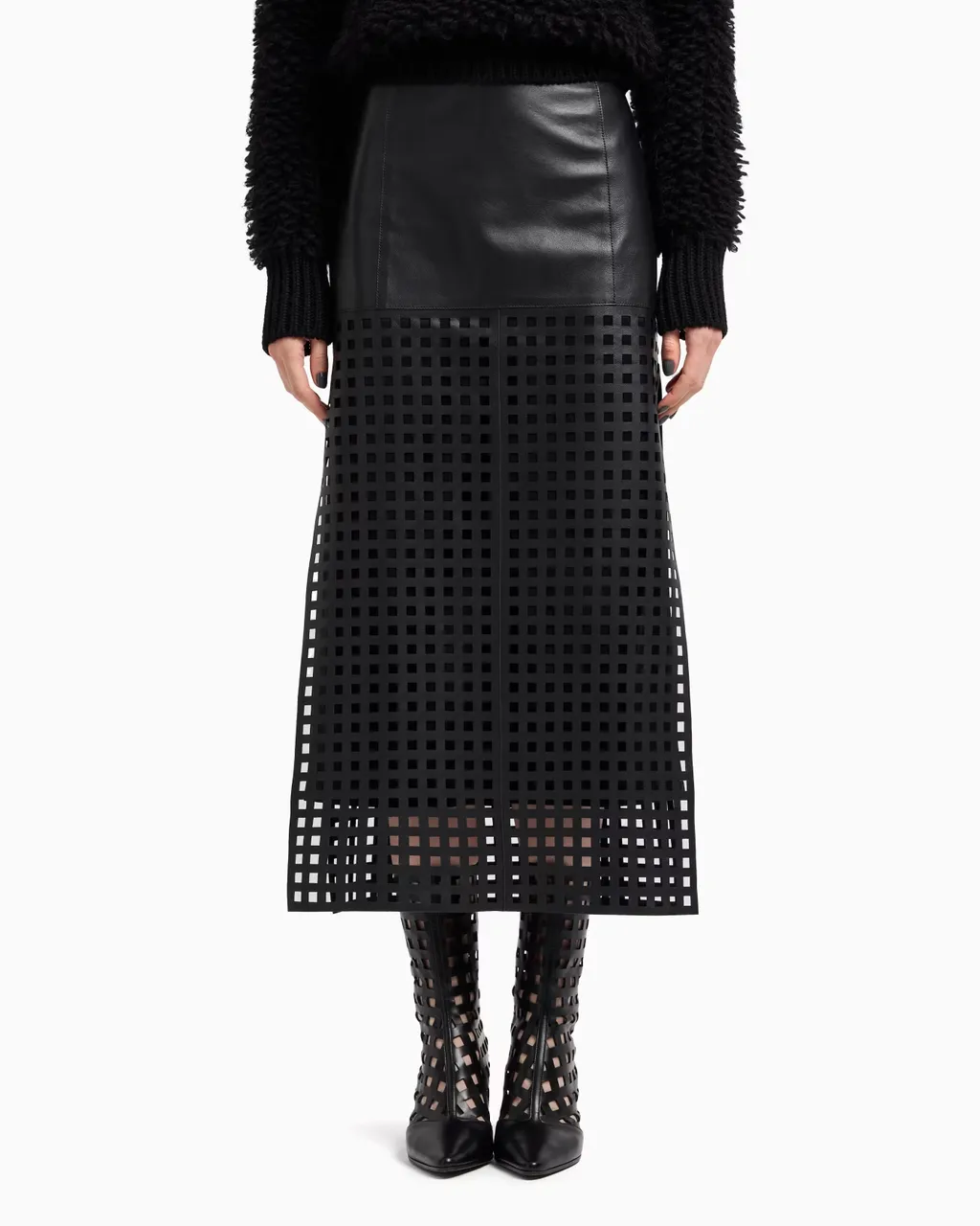 Leather Grid-Pattern Skirt
