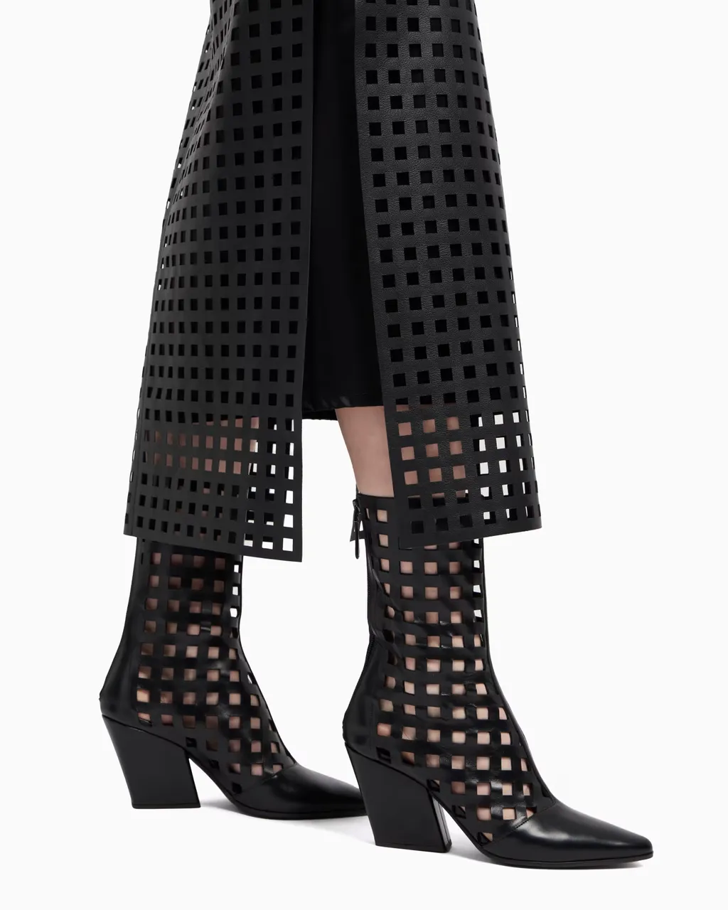 Leather Grid-Pattern Skirt