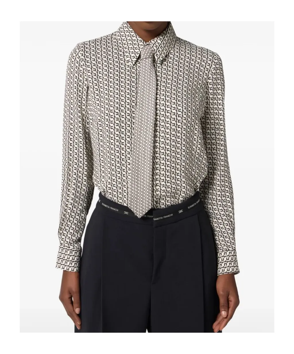 Geometric-Print Tie-Neck Blouse