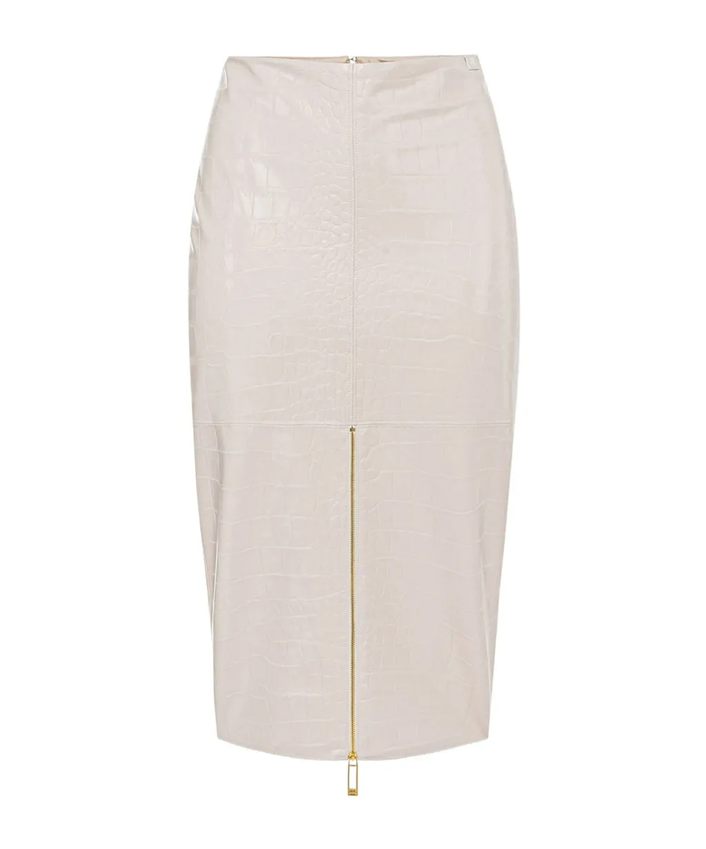 Crocodile-Print Texture Zip-Front Skirt