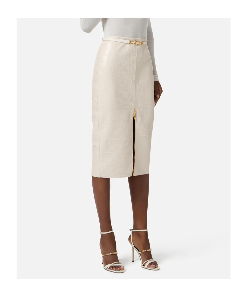 Crocodile-Print Texture Zip-Front Skirt