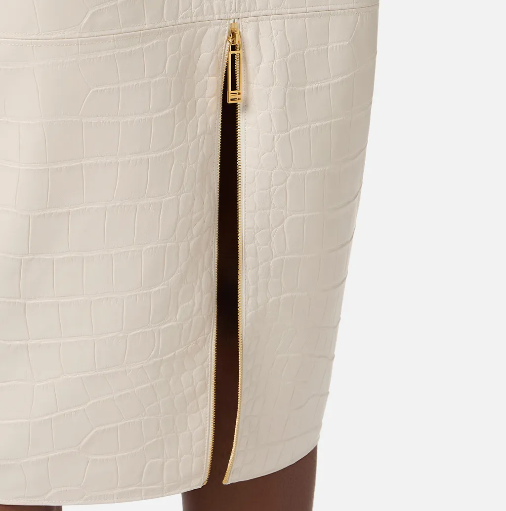 Crocodile-Print Texture Zip-Front Skirt