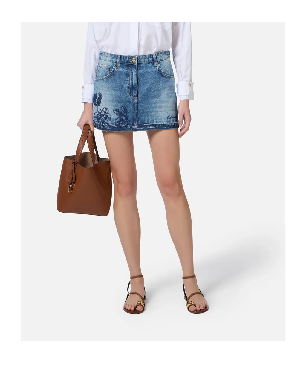 Embroidered-Flowers Denim Mini Skirt