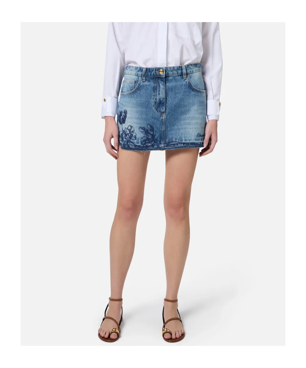 Embroidered-Flowers Denim Mini Skirt