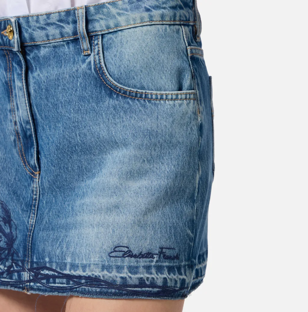 Embroidered-Flowers Denim Mini Skirt