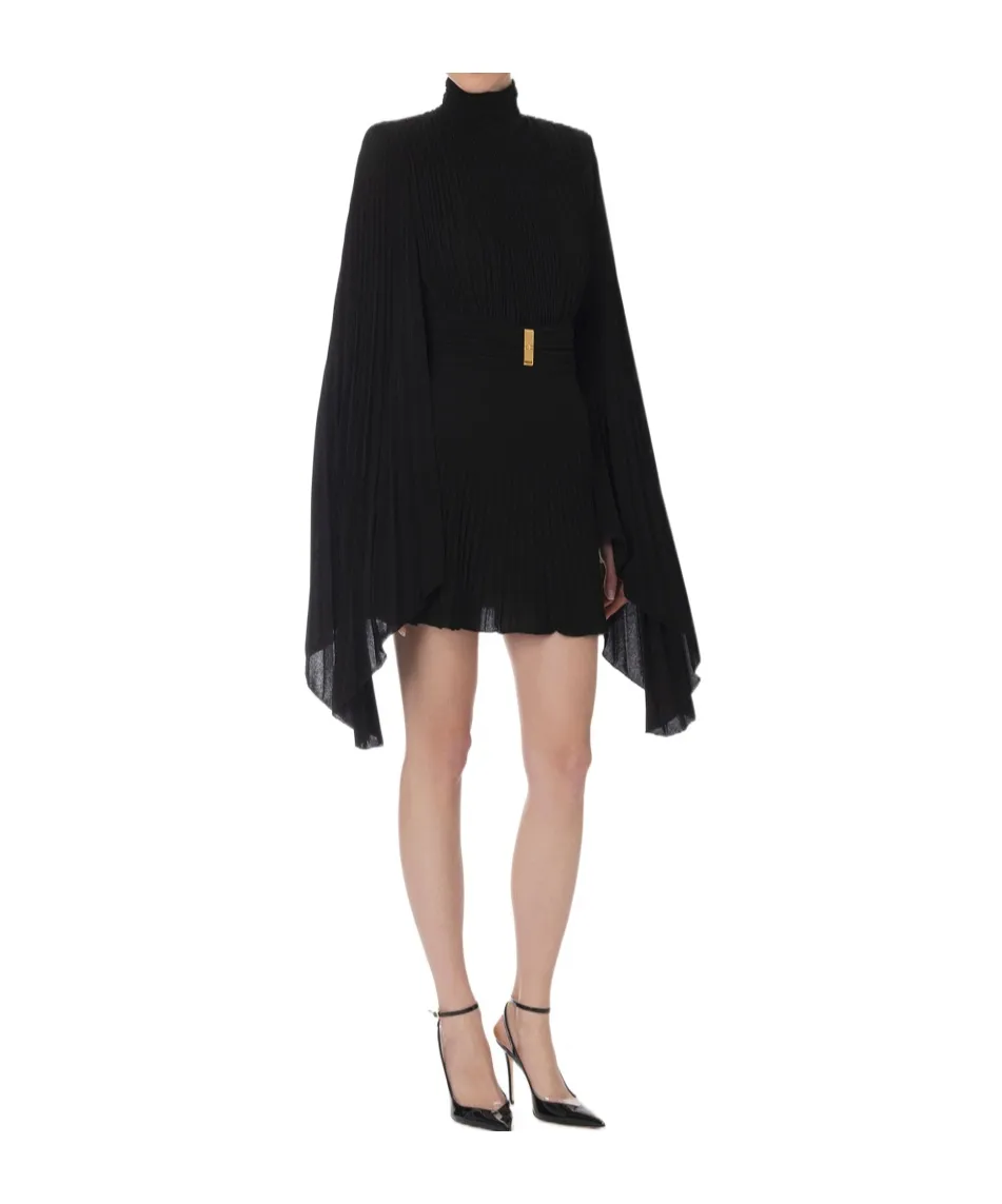 Pleated High-Neck Mini Dress