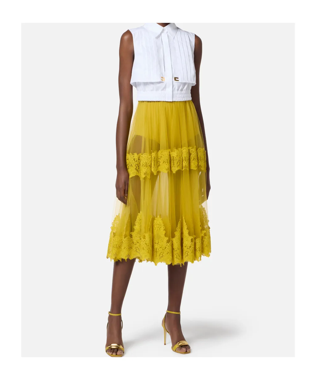High Waist Lace-Detailed Tulle Skirt