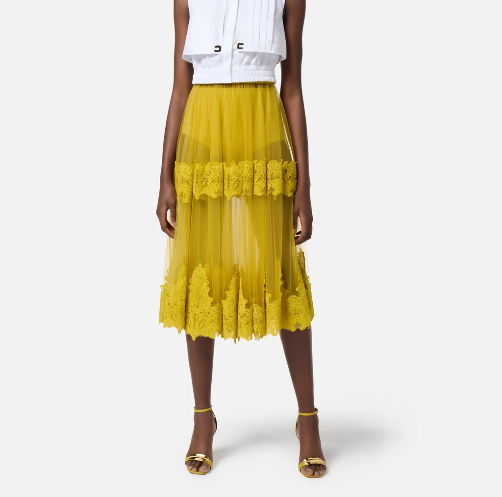 High Waist Lace-Detailed Tulle Skirt