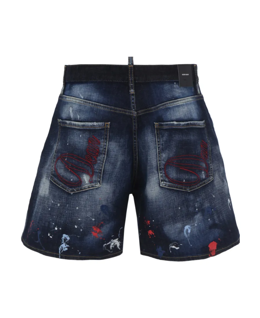 Paint-Splatter Wide-Cut Denim Shorts