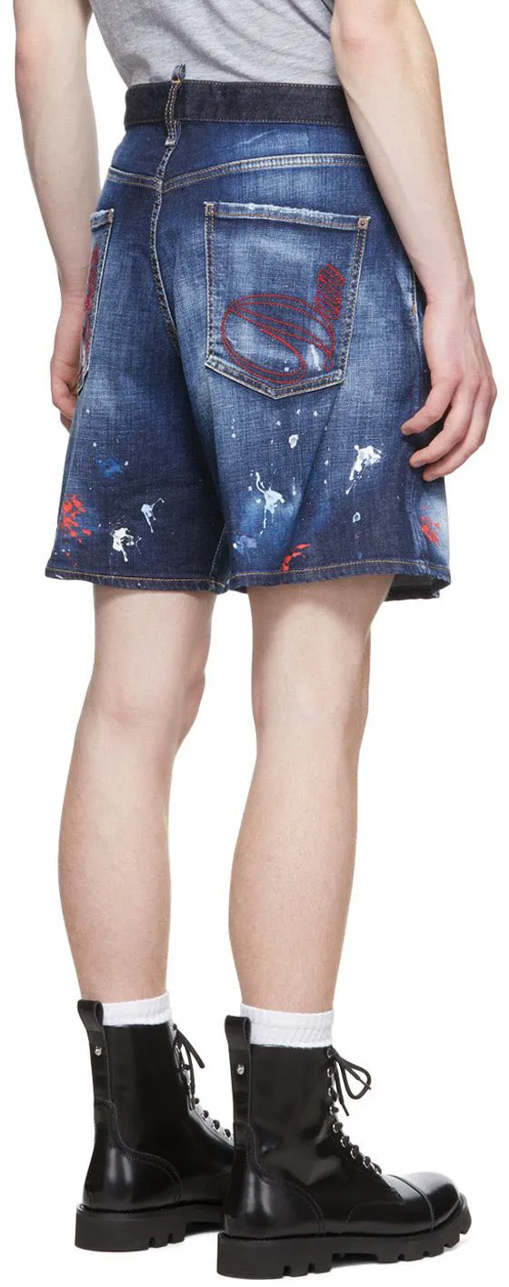 Paint-Splatter Wide-Cut Denim Shorts
