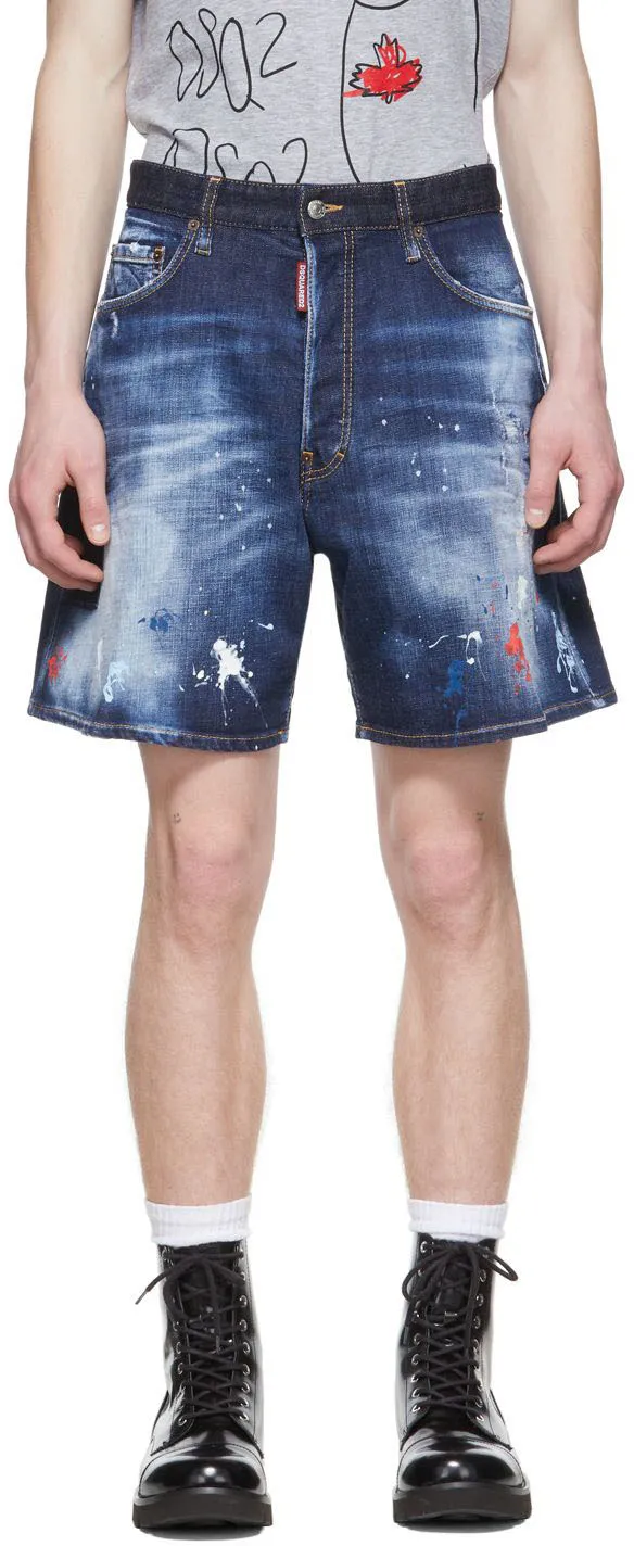 Paint-Splatter Wide-Cut Denim Shorts