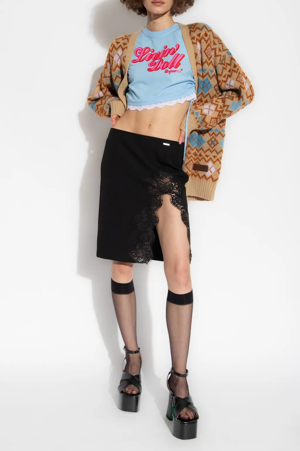 Lace-Detailed Front-Slit Skirt