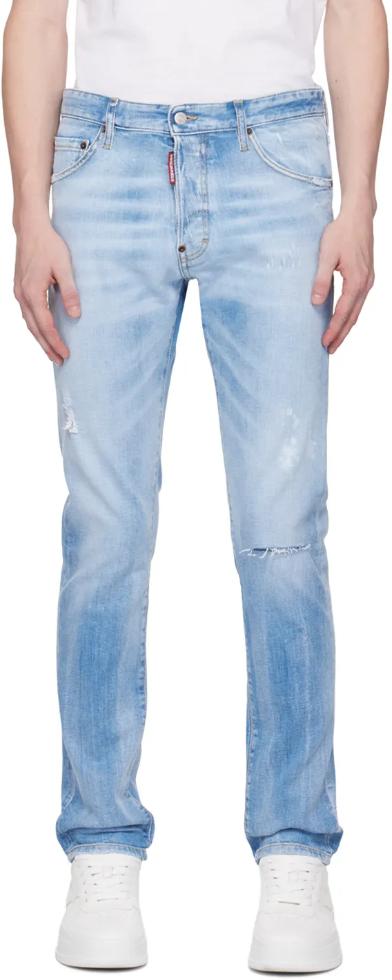 Logo Patch Distressed Tapered-Leg Jeans
