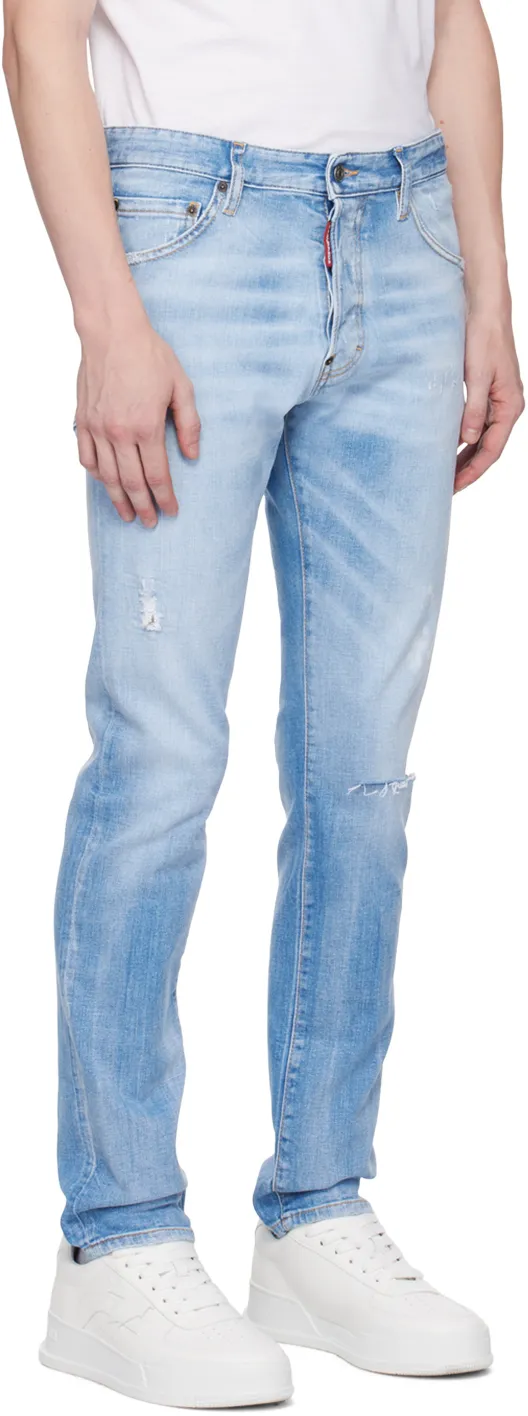 Logo Patch Distressed Tapered-Leg Jeans