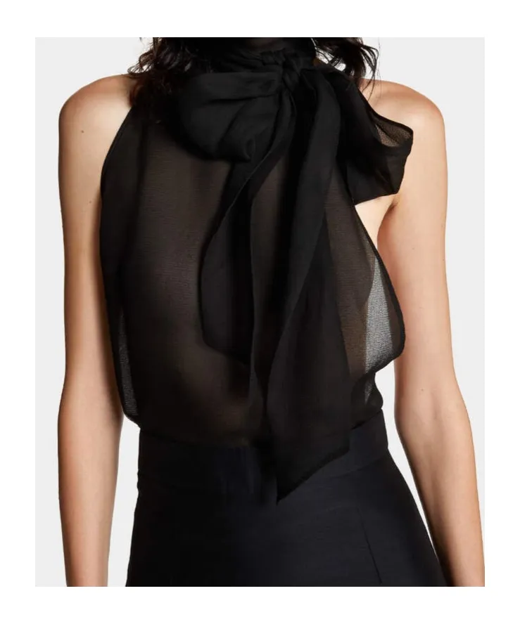 Pussy-Bow Halterneck Sleeveless Blouse