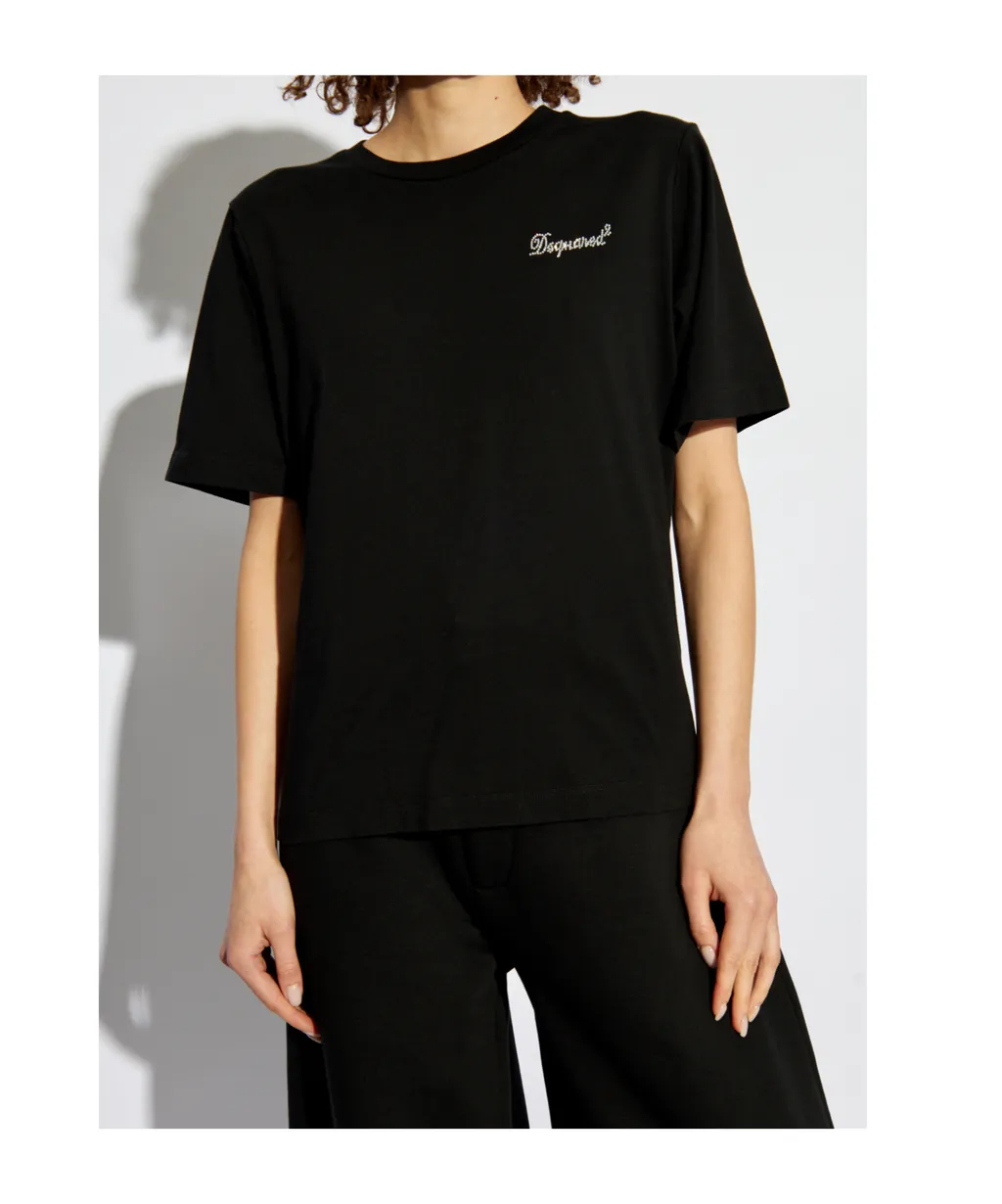 Logo Rhinestone Embellished Crewneck T-Shirt