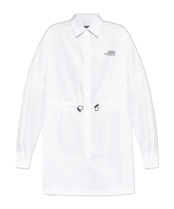 Logo Printed Drawstring Waist Mini Shirt Dress