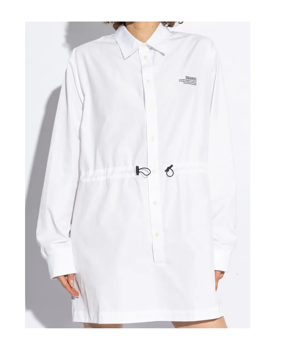 Logo Printed Drawstring Waist Mini Shirt Dress
