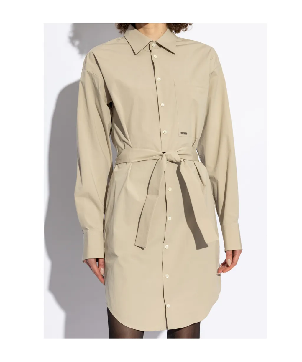 Belted Waist Buttoned Shirt Dress