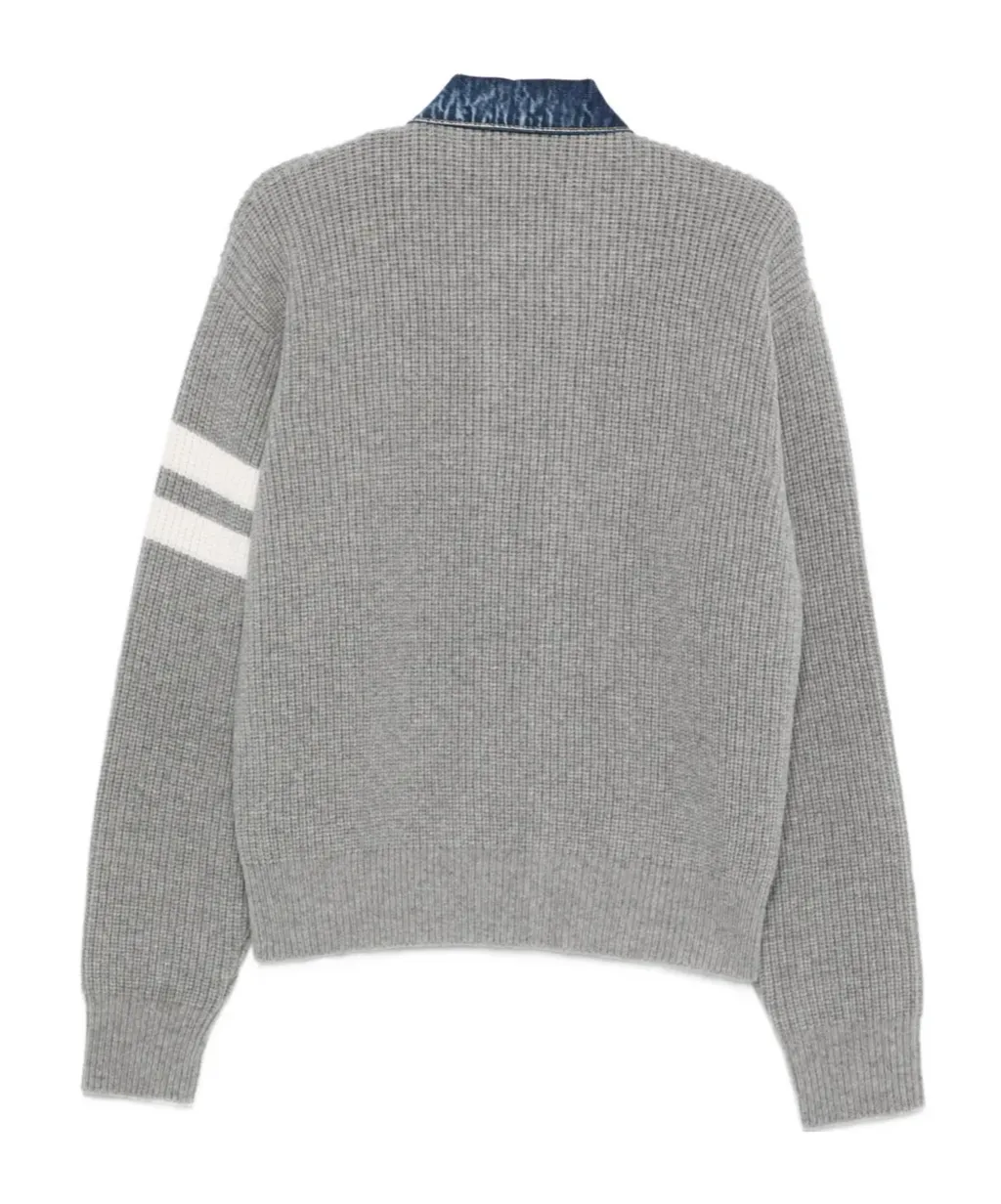 Denim-Panel Ribbed Cardigan