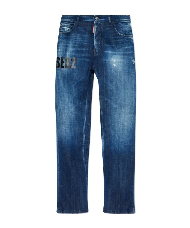 Logo Printed Distressed Straight-Leg Jeans