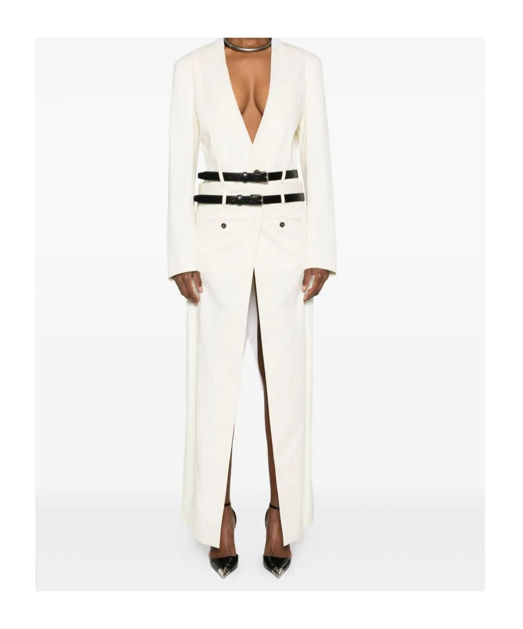 Belted Buttoned V-Neck Coat