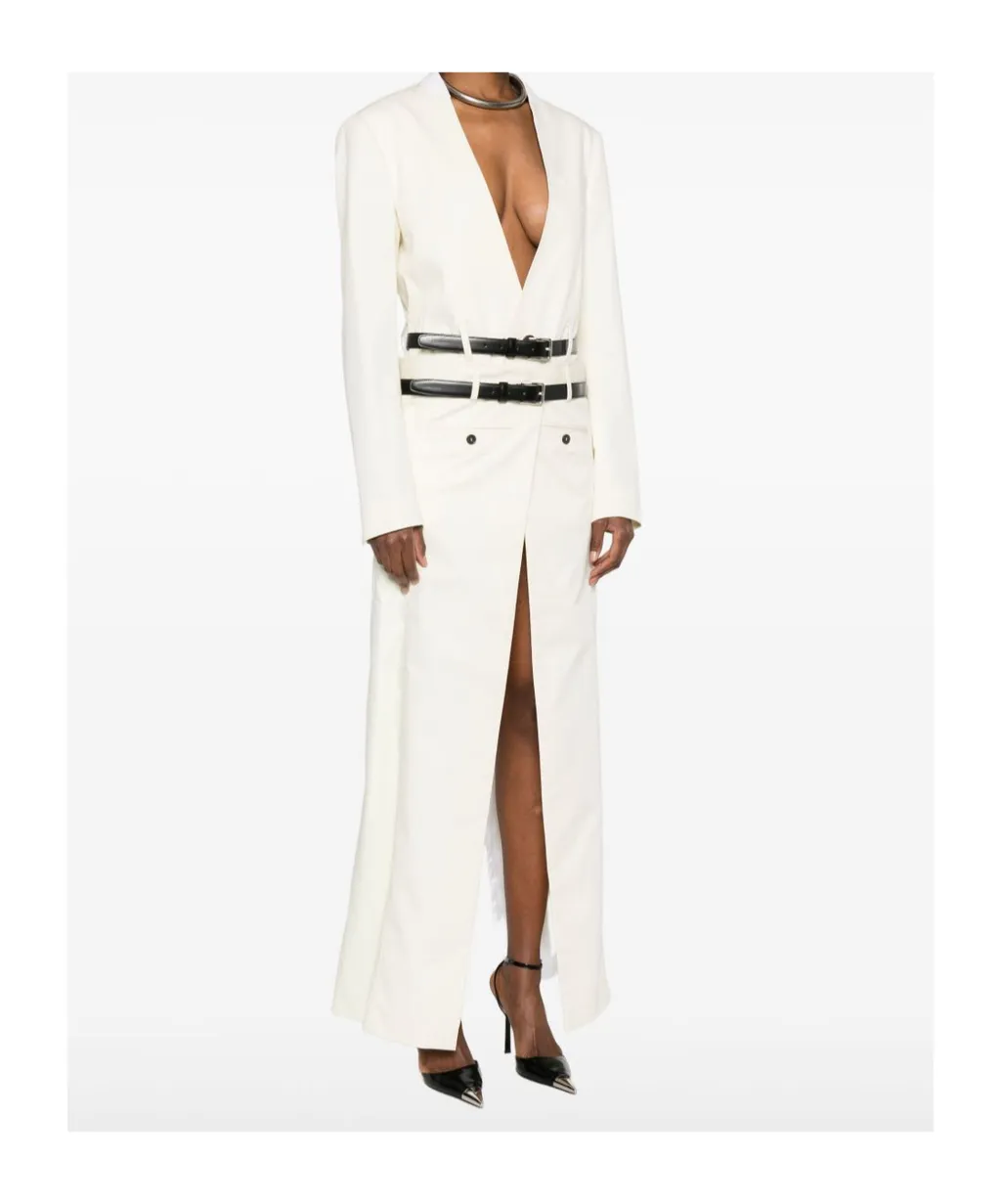Belted Buttoned V-Neck Coat
