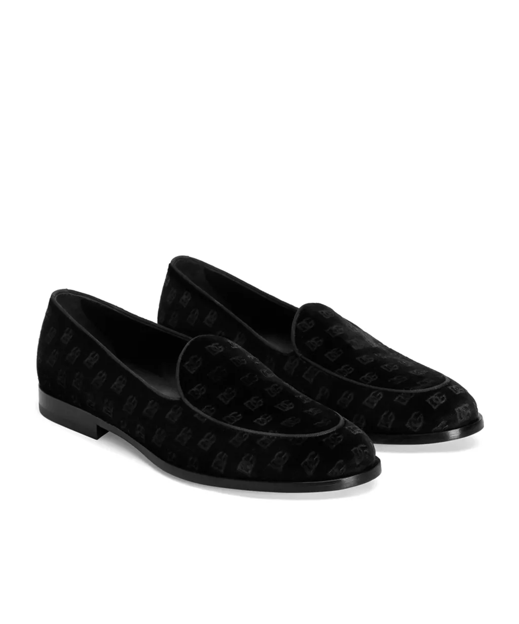 Logo Printed Velvet Loafers