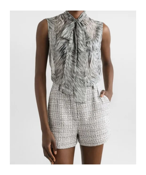 Fur-Printed Chiffon Pussy-Bow Shirt