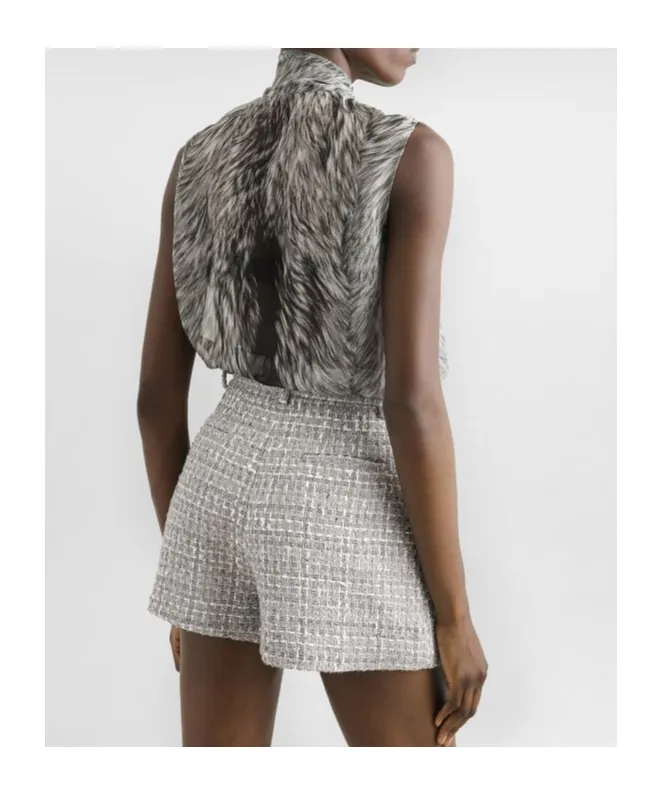Fur-Printed Chiffon Pussy-Bow Shirt