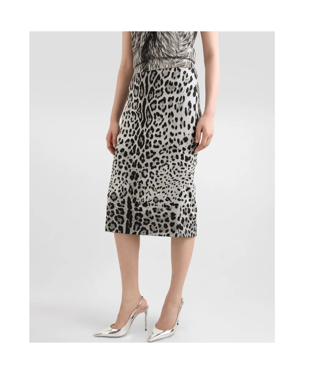 Leopard Printed Charmeuse Midi Pencil Skirt
