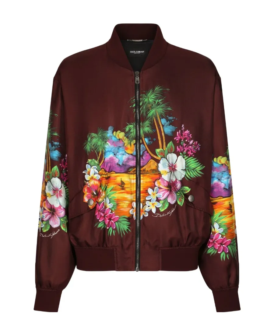 Island Print Silk Bomber Jacket