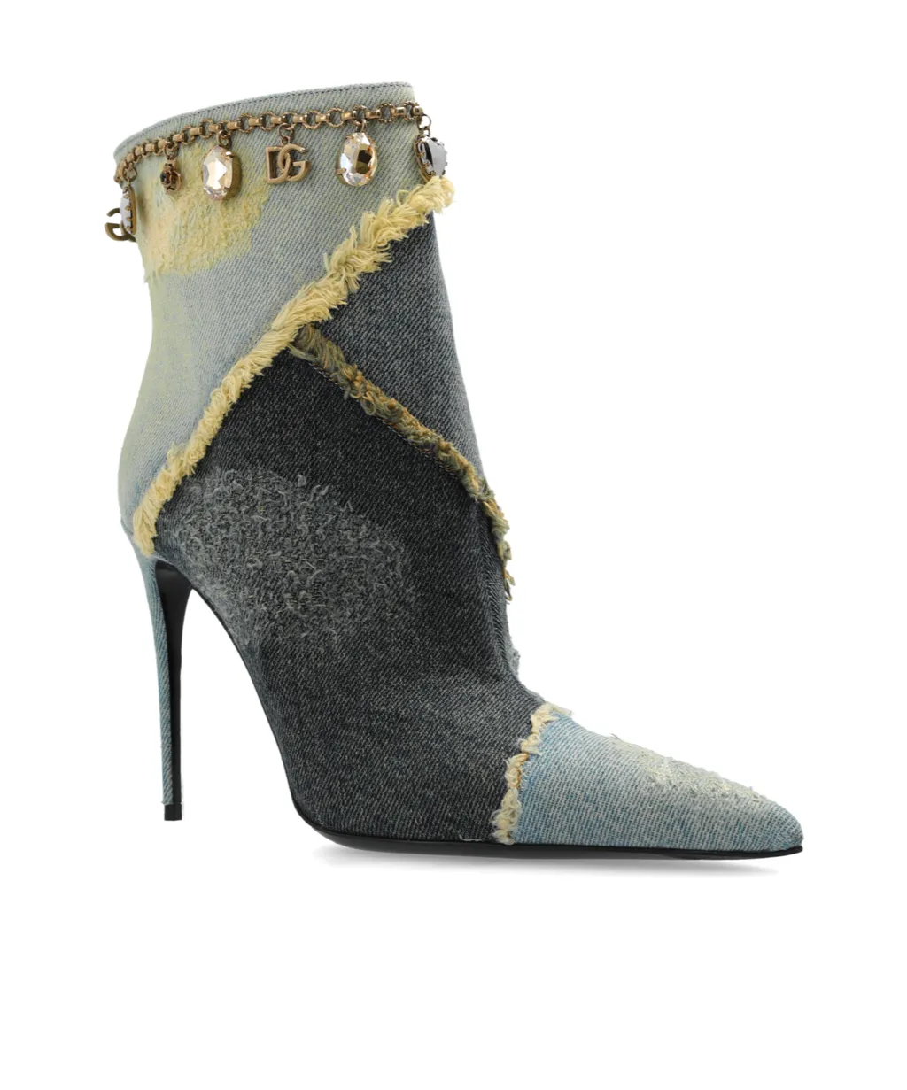 Embellished Pointed Toe Denim Ankle Boots