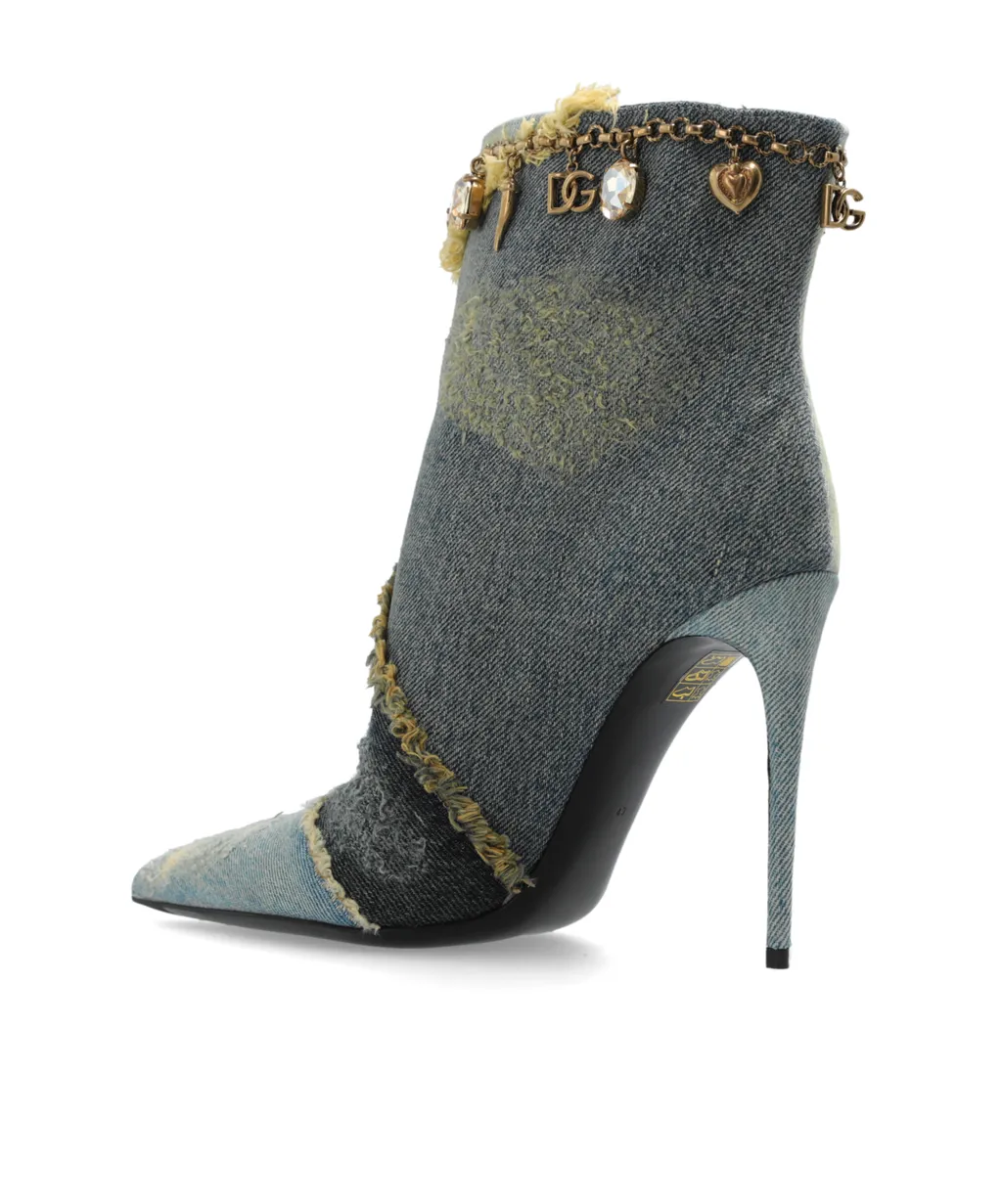 Embellished Pointed Toe Denim Ankle Boots