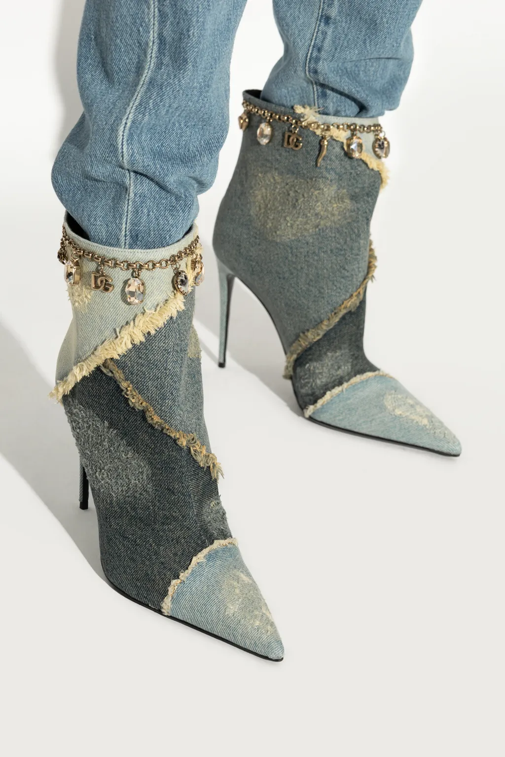 Embellished Pointed Toe Denim Ankle Boots