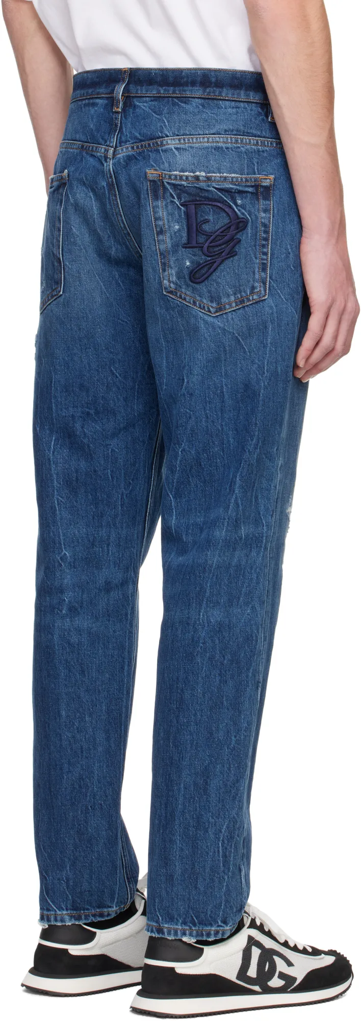 Logo Embroidered Distressed Jeans
