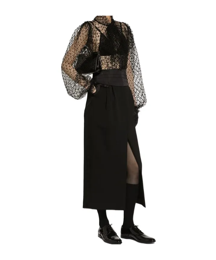 Calf-Length Tuxedo Pencil Skirt