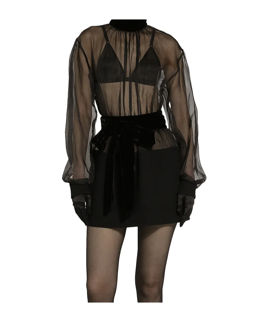 High Velvet Neck Belted Mini Dress