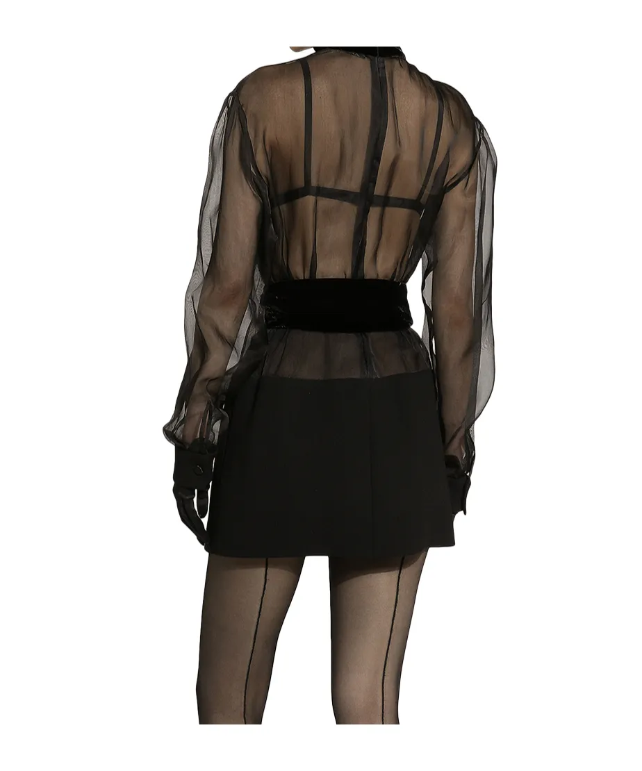 High Velvet Neck Belted Mini Dress