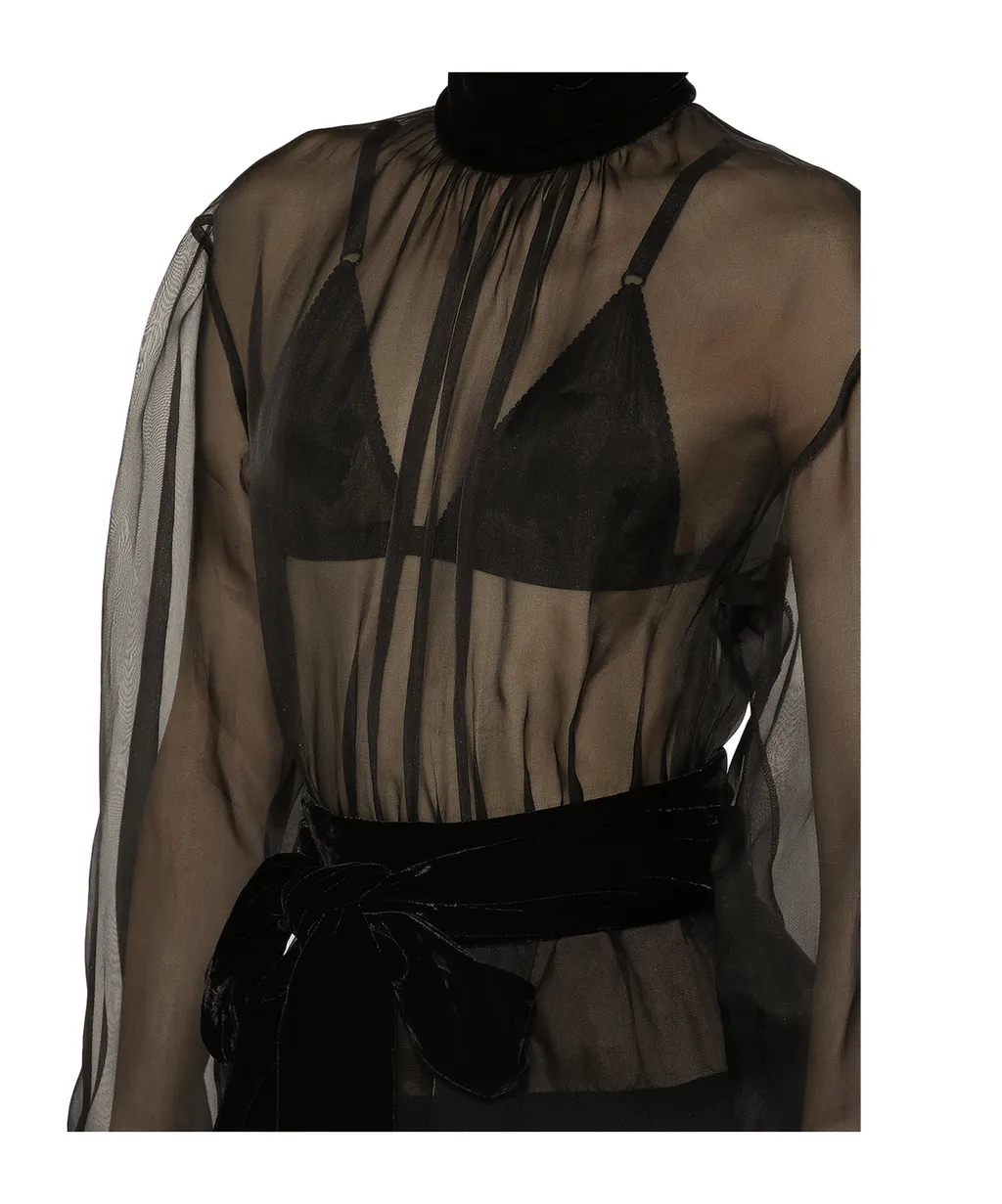 High Velvet Neck Belted Mini Dress