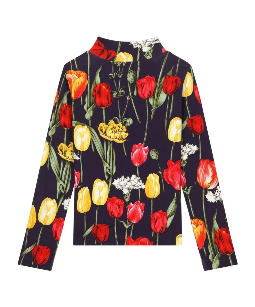 Tulip Printed Interlock Mock Turtle-Neck T-Shirt