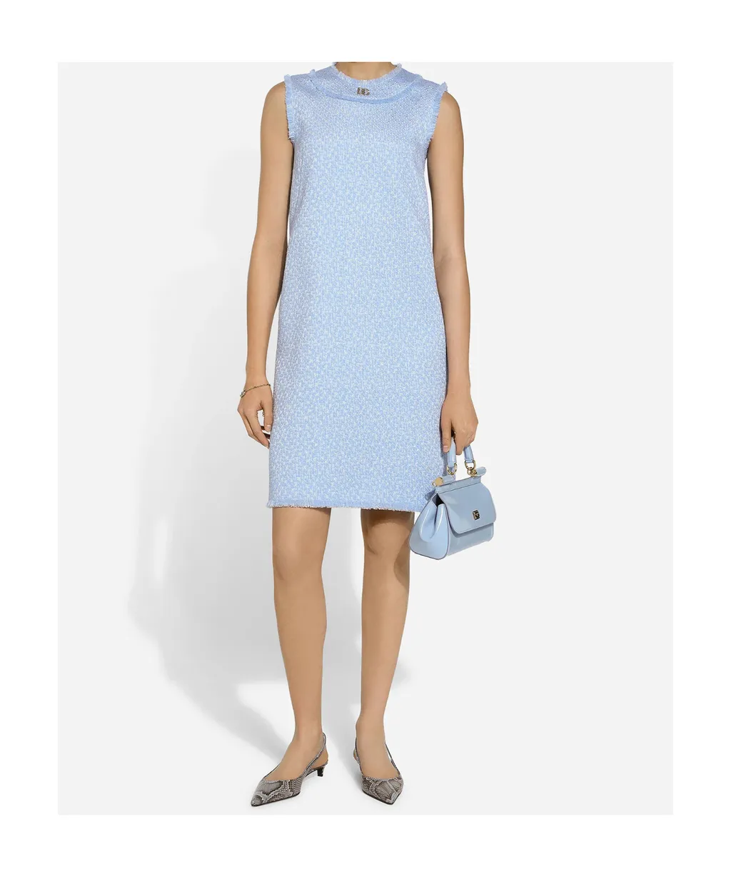 Logo Plaque Tweed Sleeveless Mini Dress