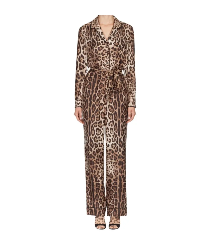 Leopard-Printed Long-Sleeved Pajama Jumpsuit