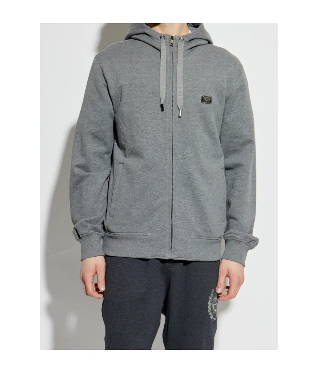 Logo Plaque Zipped Drawstring Hoodie