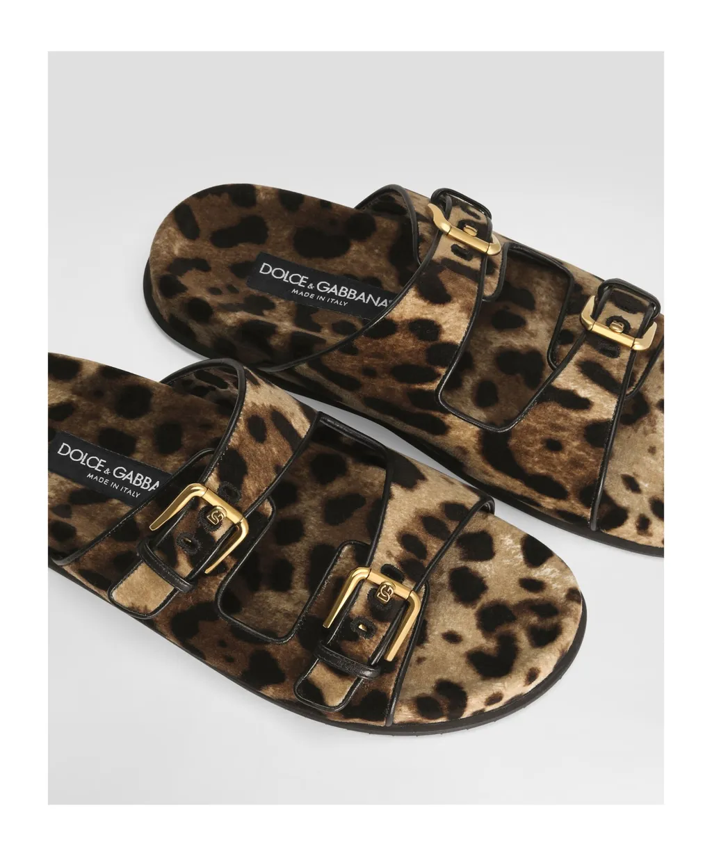 Leopard Printed Velvet Sliders