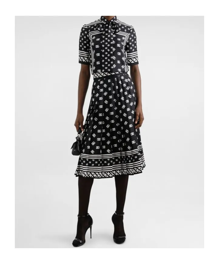 Dg Logo Scarf Printed Pleated Midi Skirt