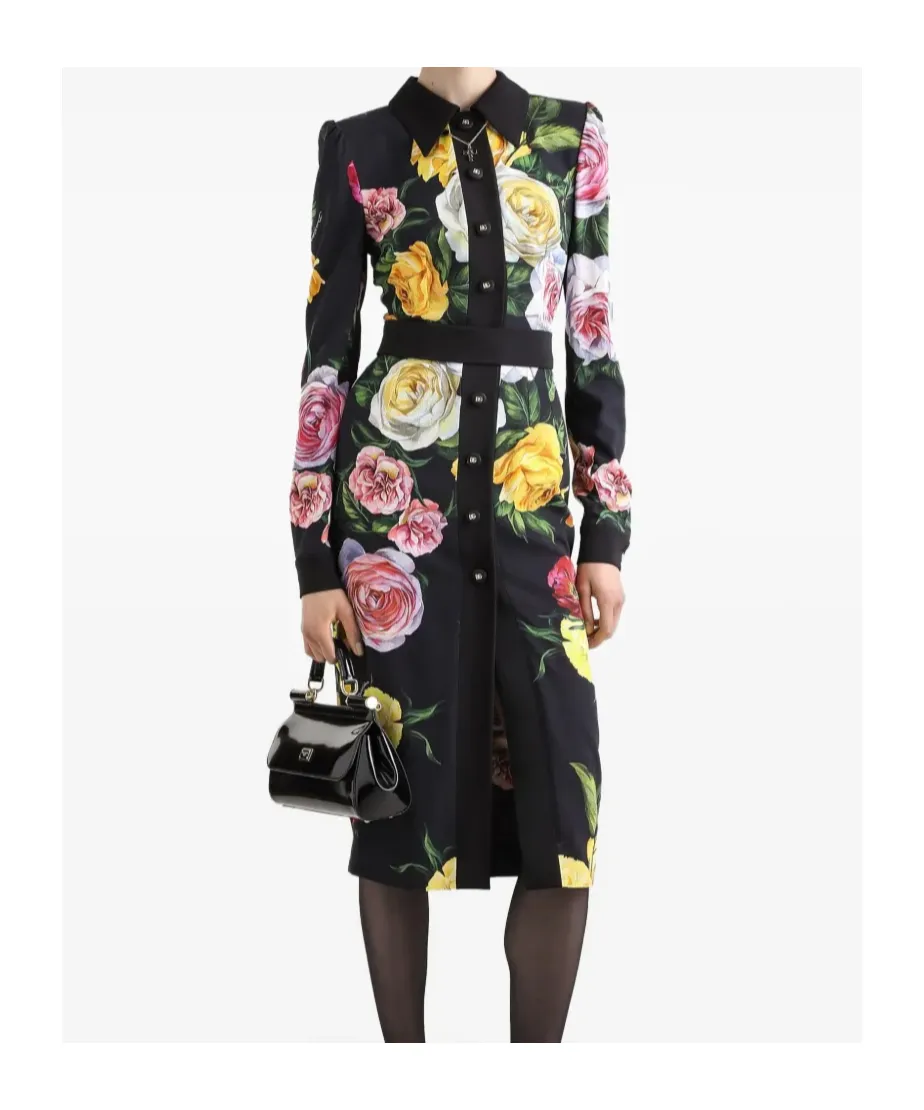 Floral Printed Calf-Length Cady Shirt Dress