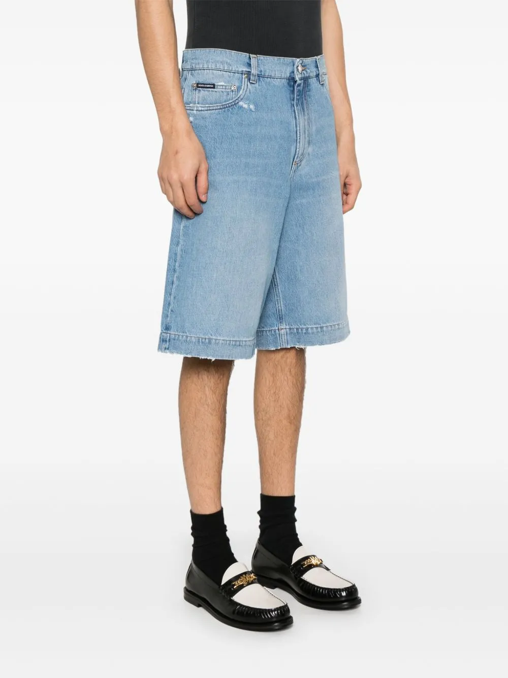 Logo Plaque Distressed Denim Shorts
