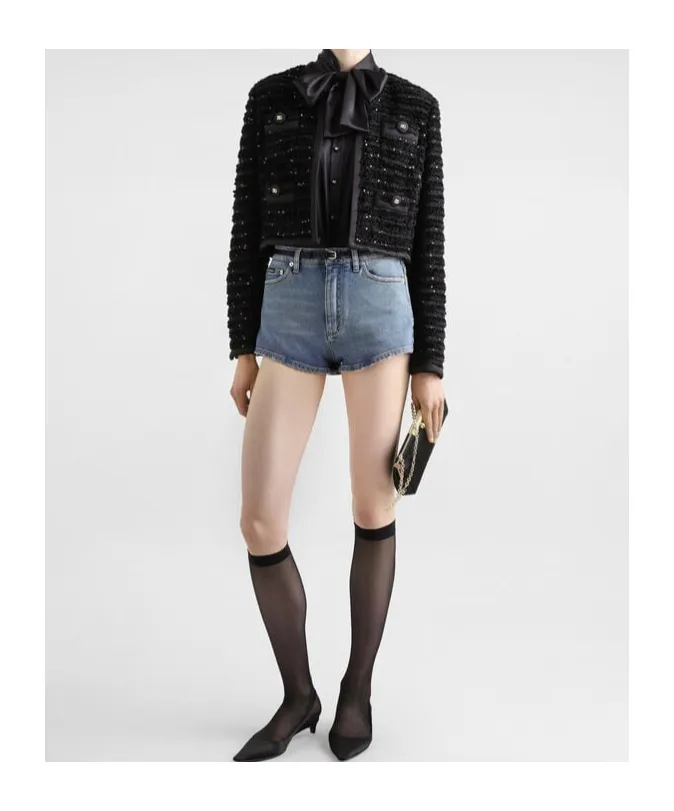 Sequin Embellished Single-Breasted Tweed Jacket