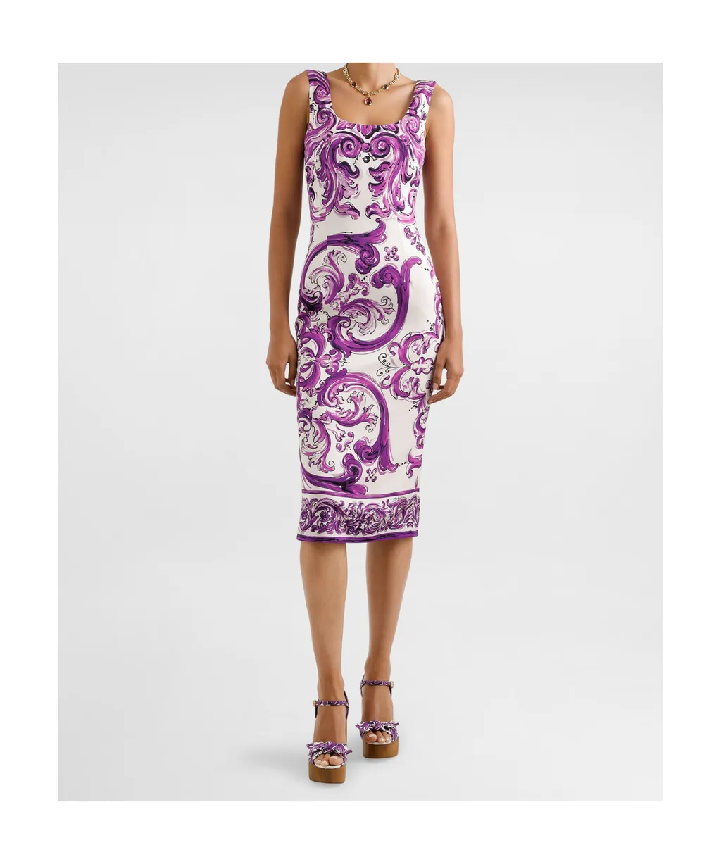 Majolica-Printed Long Charmeuse Dress